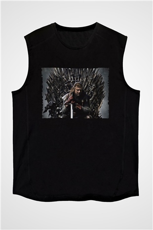 Unisex Game of Thrones Baskılı Siyah Unisex Kolsuz Tshirt