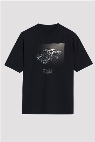 Unisex Game of ThronesBaskılı Siyah Oversize Tişört