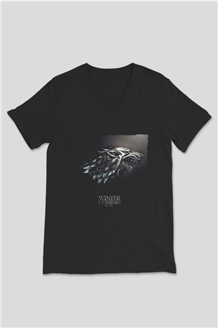 Unisex Game of ThronesBaskılı Siyah V Yaka Tişört