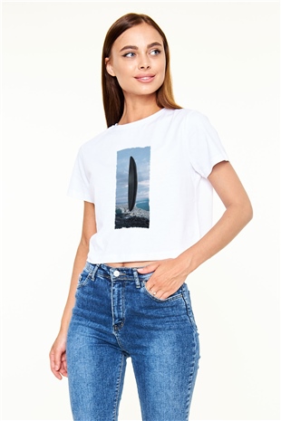 Unisex Geliş Arrival Baskılı Beyaz Crop Top Tshirt