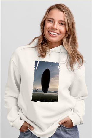 Unisex Geliş Arrival Baskılı Beyaz Kapüşonlu Sweatshirt