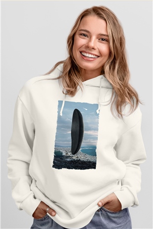 Unisex Geliş Arrival Baskılı Beyaz Kapüşonlu Sweatshirt