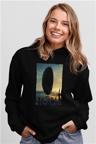 Unisex Geliş (Arrival) Baskılı Siyah Kapüşonlu Sweatshirt