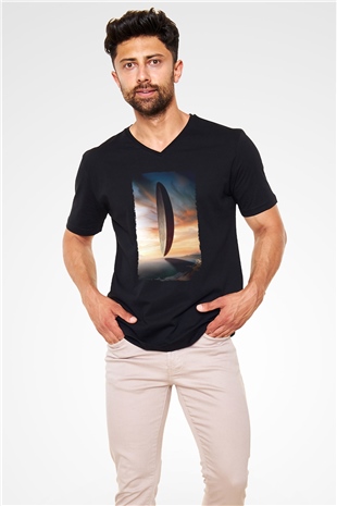Unisex Geliş (Arrival) Baskılı Siyah V Yaka Tişört