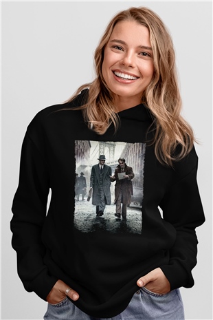Unisex Genius Baskılı Siyah Kapüşonlu Sweatshirt