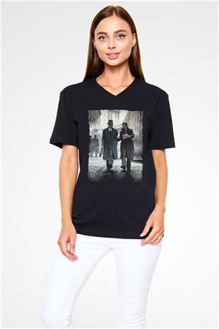 Unisex Genius Baskılı Siyah V Yaka Tshirt