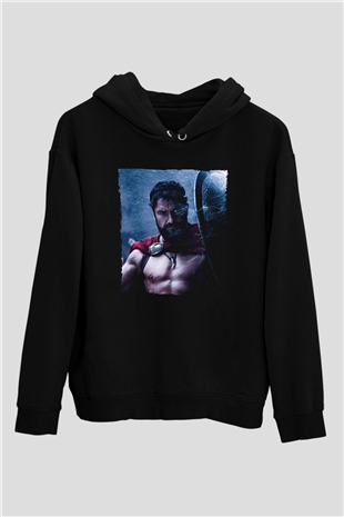 Unisex Gerard Butler 300 Spartalı Baskılı Siyah Kapüşonlu Sweatshirt