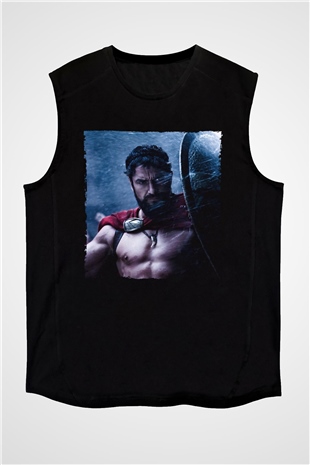 Unisex Gerard Butler 300 Spartalı Baskılı Siyah Kolsuz T-shirt