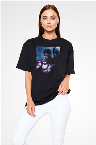 Unisex Gerard Butler 300 Spartalı Baskılı Siyah Oversize T-shirt