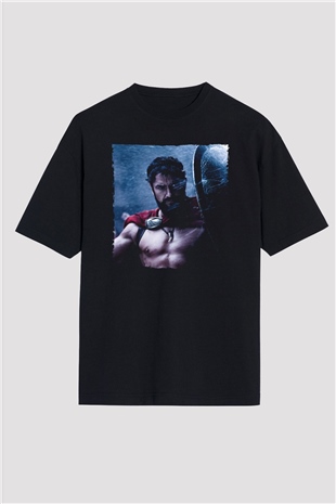 Unisex Gerard Butler 300 Spartalı Baskılı Siyah Oversize T-shirt