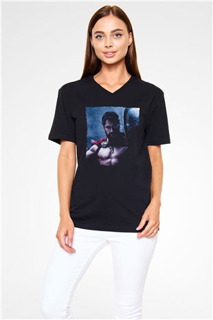 Unisex Gerard Butler 300 Spartalı Baskılı Siyah V Yaka T-shirt