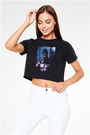 Unisex Gerard Butler 300 Spartalı Baskılı Siyah Crop Top T-shirt