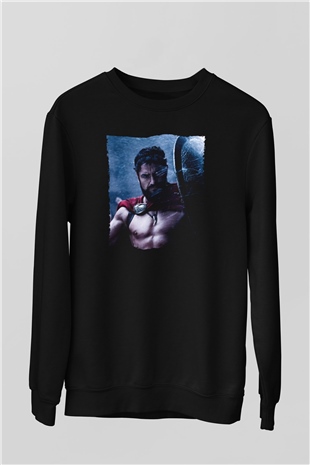 Unisex Gerard Butler 300 Spartalı Baskılı Siyah Sweatshirt