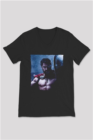 Unisex Gerard Butler 300 Spartalı Baskılı Siyah V Yaka T-shirt