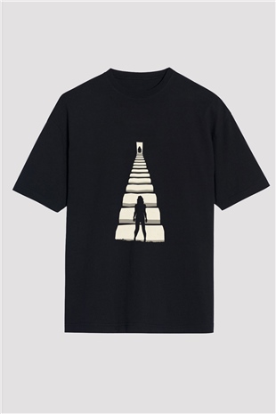 Unisex Gizli Gerçek (Run) Baskılı Siyah Oversize Tshirt