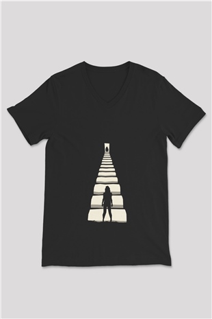 Unisex Gizli Gerçek (Run) Baskılı Siyah V Yaka Tshirt