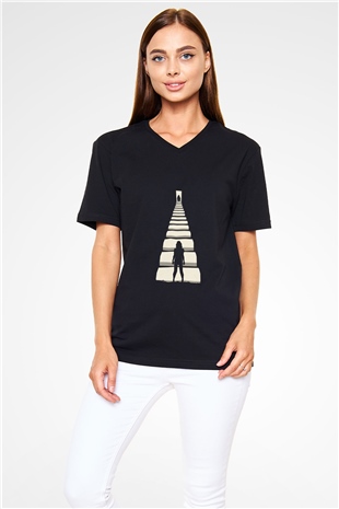Unisex Gizli Gerçek (Run) Baskılı Siyah V Yaka Tshirt