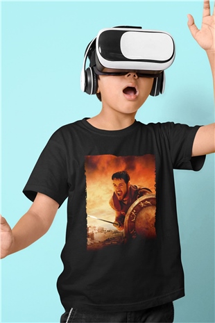 Unisex Gladyatör Baskılı Siyah Çocuk Tişört