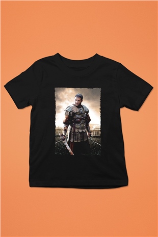 Unisex Gladyatör Baskılı Siyah Çocuk T-shirt