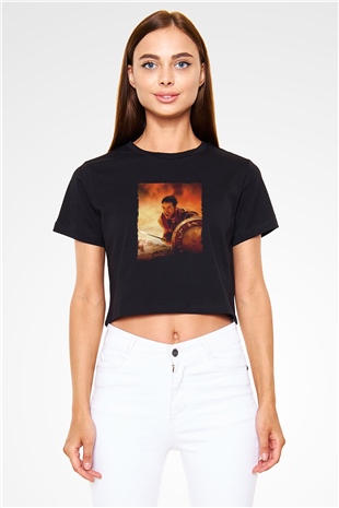 Unisex Gladyatör Baskılı Siyah Crop Top Tişört