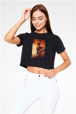Unisex Gladyatör Baskılı Siyah Crop Top Tişört