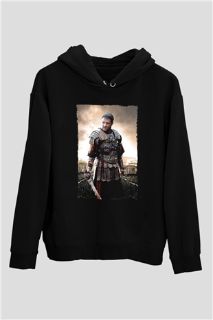 Unisex Gladyatör Baskılı Siyah Kapüşonlu Sweatshirt
