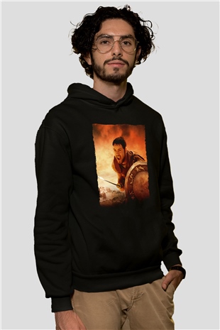 Unisex Gladyatör Baskılı Siyah Kapüşonlu Sweatshirt
