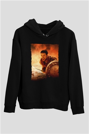 Unisex Gladyatör Baskılı Siyah Kapüşonlu Sweatshirt