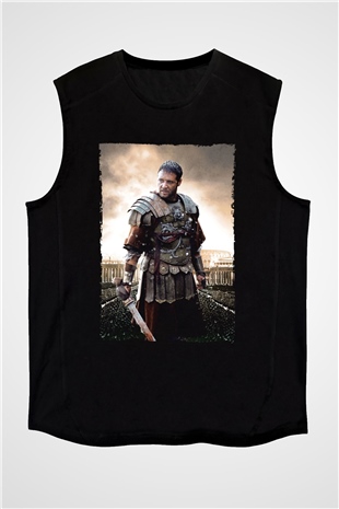 Unisex Gladyatör Baskılı Siyah Kolsuz T-shirt