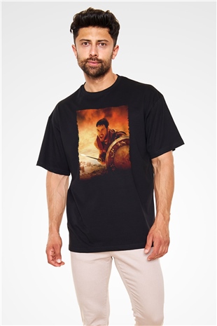 Unisex Gladyatör Baskılı Siyah Oversize Tişört