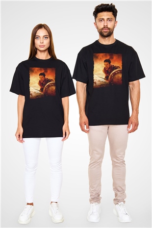Unisex Gladyatör Baskılı Siyah Oversize Tişört
