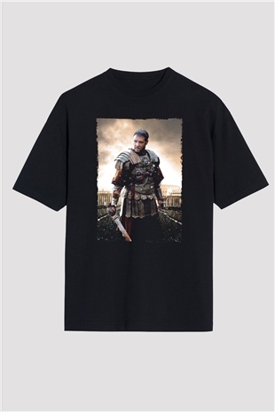 Unisex Gladyatör Baskılı Siyah Oversize T-shirt