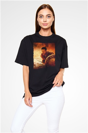 Unisex Gladyatör Baskılı Siyah Oversize Tişört