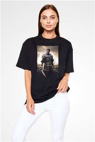 Unisex Gladyatör Baskılı Siyah Oversize T-shirt