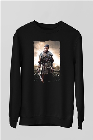 Unisex Gladyatör Baskılı Siyah Sweatshirt