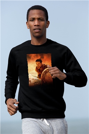 Unisex Gladyatör Baskılı Siyah Sweatshirt
