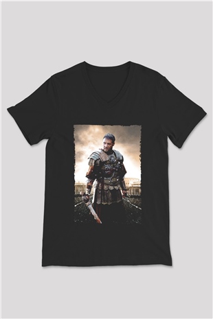 Unisex Gladyatör Baskılı Siyah V Yaka T-shirt
