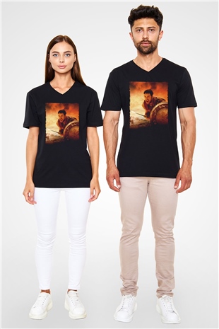 Unisex Gladyatör Baskılı Siyah V Yaka Tişört