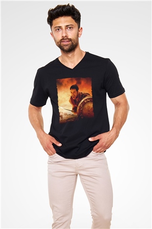 Unisex Gladyatör Baskılı Siyah V Yaka Tişört