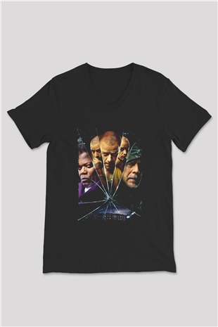Unisex Glass Baskılı Siyah V Yaka Tshirt
