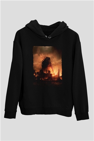Unisex Godzilla Baskılı Siyah Kapüşonlu Sweatshirt