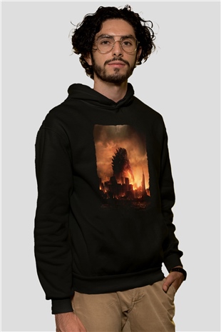 Unisex Godzilla Baskılı Siyah Kapüşonlu Sweatshirt