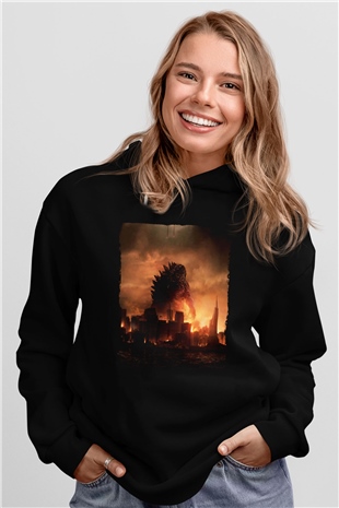 Unisex Godzilla Baskılı Siyah Kapüşonlu Sweatshirt