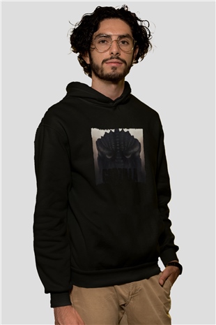Unisex Godzilla Baskılı Siyah Kapüşonlu Sweatshirt