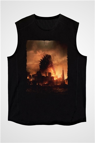 Unisex Godzilla Baskılı Siyah Kolsuz Tshirt