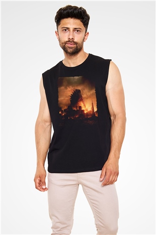 Unisex Godzilla Baskılı Siyah Kolsuz Tshirt