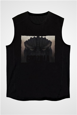 Unisex Godzilla Baskılı Siyah Kolsuz T-shirt