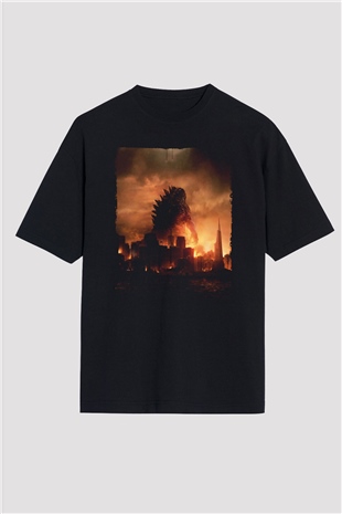 Unisex Godzilla Baskılı Siyah Oversize Tshirt