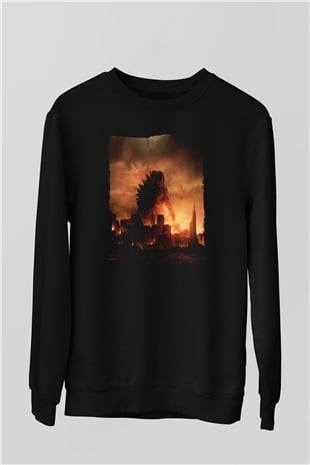 Unisex Godzilla Baskılı Siyah Sweatshirt