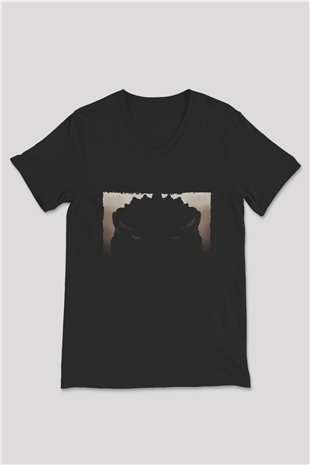 Unisex Godzilla Baskılı Siyah V Yaka T-shirt
